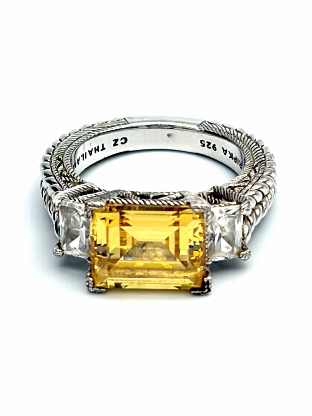 Judith Ripka Canary Yellow and White CZ Three Stone Cable Ring Sterling Silver